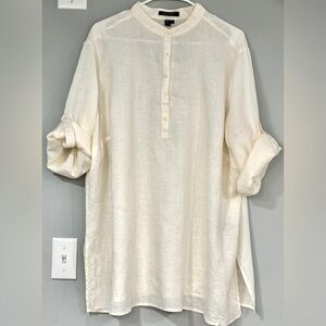 LAUREN by RALPH LAUREN Pearl Button Down Crew Neck Blouse Tunic W/ Embroidery 3X